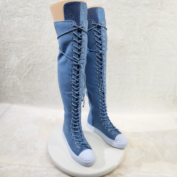 Knee High Canvas Sneakers with Rhinestone Laces - Picture 1 of 11